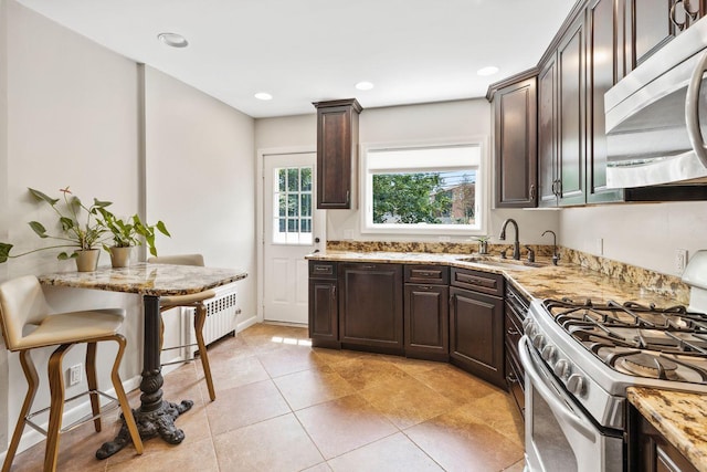 8 Walnut Rd, East Rockaway, NY 11518 - kitchen featuring appliances with stainless steel finishes, dark brown cabinetry, radiator heating unit, light stone countertops, and recessed lighting