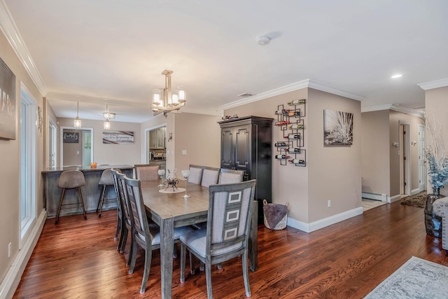 3 Stark Dr, Center Moriches, NY 11934 - dining area with baseboard heating, a chandelier, dark wood-type flooring, ornamental molding, and recessed lighting