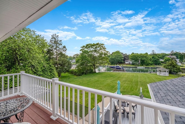 3 Stark Dr, Center Moriches, NY 11934 - wooden deck featuring a yard, a water view, and view of wooded area