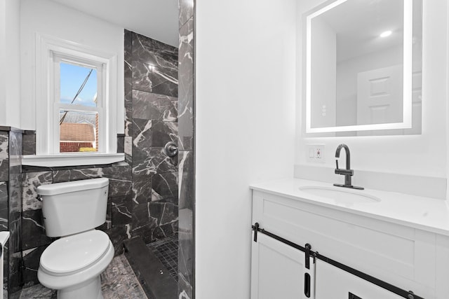 126 Lutz Dr, Valley Stream, NY 11580 - full bathroom featuring vanity, tile walls, walk in shower, and marble finish flooring