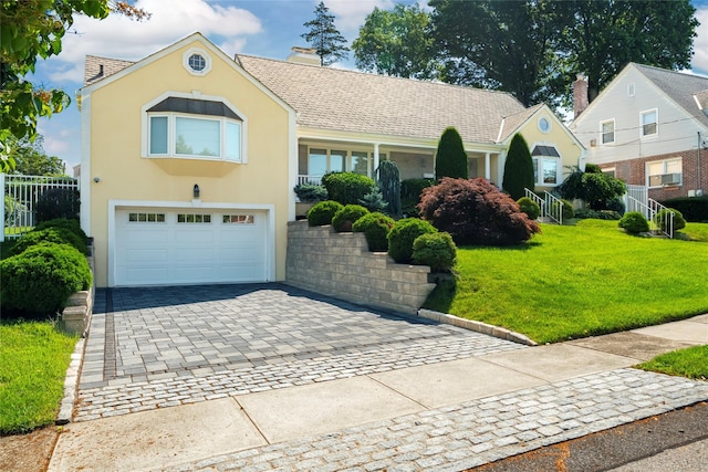 168 Dunwoodie St, Yonkers, NY 10704 - view of front of property featuring a garage, stucco siding, a front lawn, decorative driveway, and a chimney