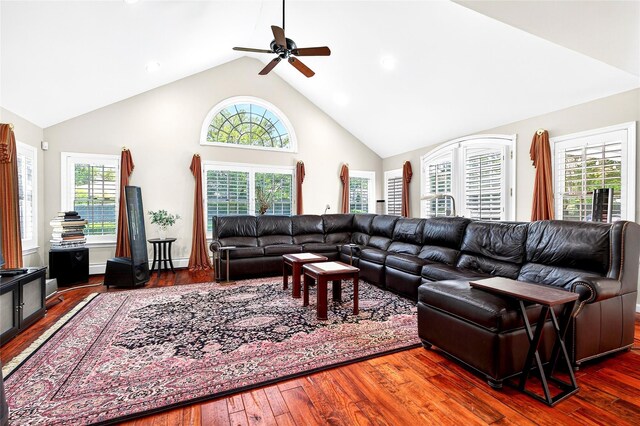 168 Dunwoodie St, Yonkers, NY 10704 - living area featuring high vaulted ceiling, ceiling fan, hardwood / wood-style floors, and plenty of natural light