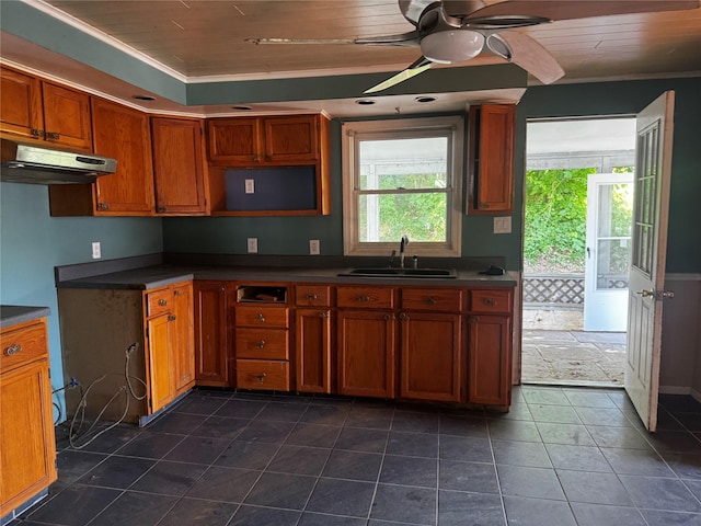 99 W Bridge St, Saugerties, NY 12477 - kitchen with under cabinet range hood, dark countertops, ceiling fan, brown cabinets, and crown molding