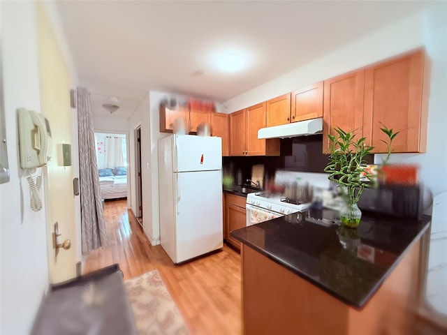142-25 37th Ave Unit 2E, Flushing, NY 11354 - kitchen with white appliances, under cabinet range hood, dark countertops, light wood-style floors, and decorative backsplash