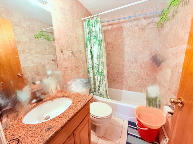 142-25 37th Ave Unit 2E, Flushing, NY 11354 - full bathroom featuring vanity, shower / bathtub combination with curtain, tile patterned floors, and tile walls