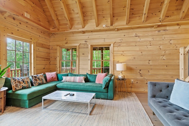 892 Durham Rd, Gilboa, NY 12076 - living area with wood ceiling, plenty of natural light, wooden walls, and wood finished floors