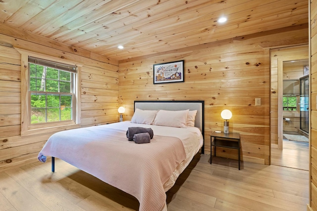 892 Durham Rd, Gilboa, NY 12076 - bedroom featuring wooden ceiling, light wood finished floors, wood walls, and recessed lighting