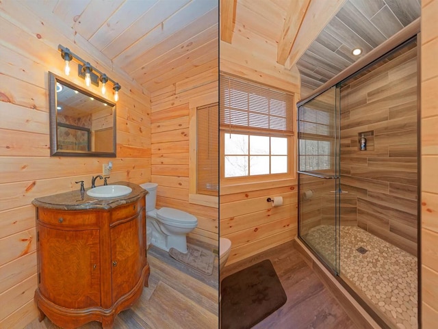 892 Durham Rd, Gilboa, NY 12076 - bathroom with wooden walls, a stall shower, vanity, and wood ceiling