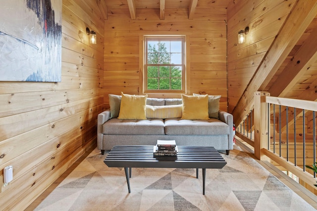892 Durham Rd, Gilboa, NY 12076 - living room with wood walls and a wood ceiling with exposed beams