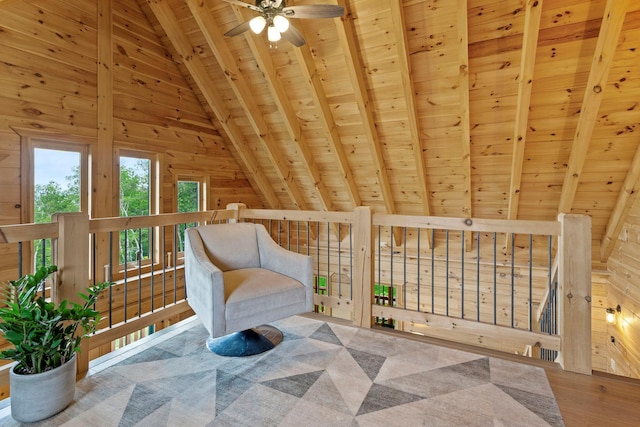892 Durham Rd, Gilboa, NY 12076 - sitting room with wooden ceiling, a ceiling fan, wood walls, wood finished floors, and an upstairs landing