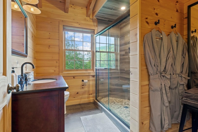 892 Durham Rd, Gilboa, NY 12076 - bathroom featuring vanity, a shower stall, wooden walls, a wooden ceiling with exposed beams, and wood finished floors