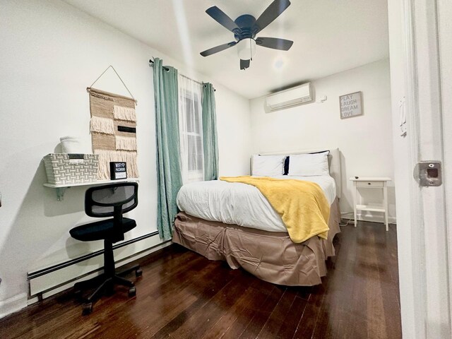 21 Pennwood Dr, Mastic Beach, NY 11951 - bedroom with a wall unit AC, wood-type flooring, a baseboard radiator, and a ceiling fan