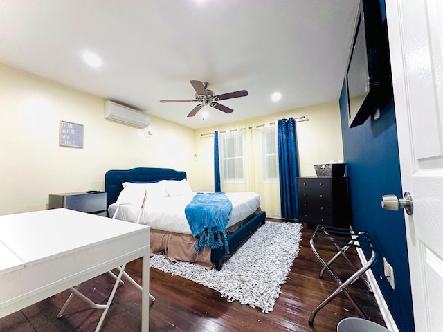 21 Pennwood Dr, Mastic Beach, NY 11951 - bedroom featuring an AC wall unit, wood finished floors, recessed lighting, and ceiling fan