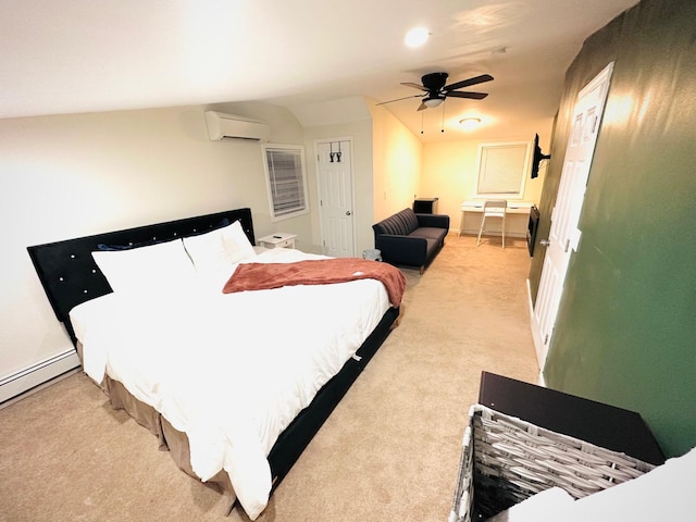 21 Pennwood Dr, Mastic Beach, NY 11951 - carpeted bedroom featuring a wall unit AC, a baseboard heating unit, and ceiling fan