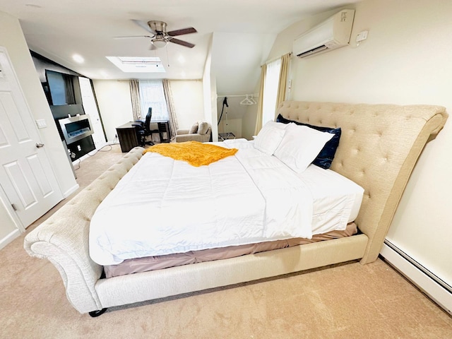 21 Pennwood Dr, Mastic Beach, NY 11951 - carpeted bedroom featuring an AC wall unit, baseboard heating, a skylight, and ceiling fan