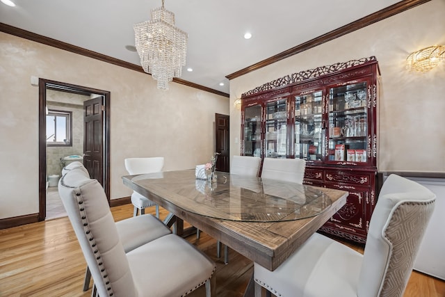38-16 220th St, Bayside, NY 11361 - dining room featuring a chandelier, light wood finished floors, recessed lighting, and crown molding
