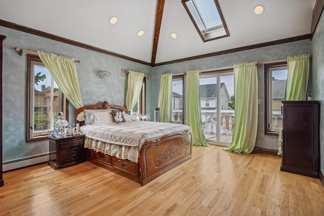 38-16 220th St, Bayside, NY 11361 - bedroom featuring a baseboard radiator, access to outside, light wood-style flooring, a skylight, and recessed lighting