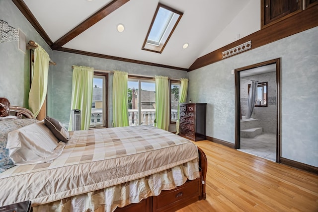 38-16 220th St, Bayside, NY 11361 - bedroom featuring lofted ceiling, light wood-style floors, a skylight, access to exterior, and crown molding