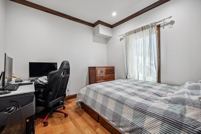 38-16 220th St, Bayside, NY 11361 - bedroom featuring ornamental molding, wood finished floors, recessed lighting, and an office area