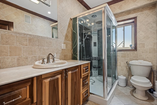 38-16 220th St, Bayside, NY 11361 - full bathroom with tile walls, vanity, a stall shower, tile patterned flooring, and backsplash
