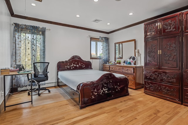 38-16 220th St, Bayside, NY 11361 - bedroom featuring light wood finished floors, ornamental molding, and recessed lighting