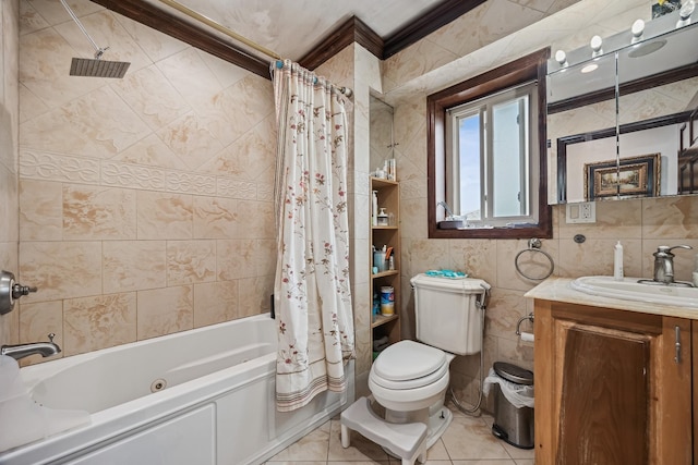 38-16 220th St, Bayside, NY 11361 - bathroom with tile walls, shower / bath combo with shower curtain, vanity, tile patterned flooring, and ornamental molding