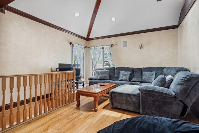38-16 220th St, Bayside, NY 11361 - living area featuring high vaulted ceiling, wood finished floors, beamed ceiling, and crown molding