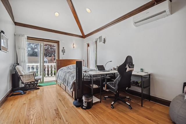 38-16 220th St, Bayside, NY 11361 - bedroom with a wall mounted air conditioner, wood finished floors, access to outside, beamed ceiling, and an office area