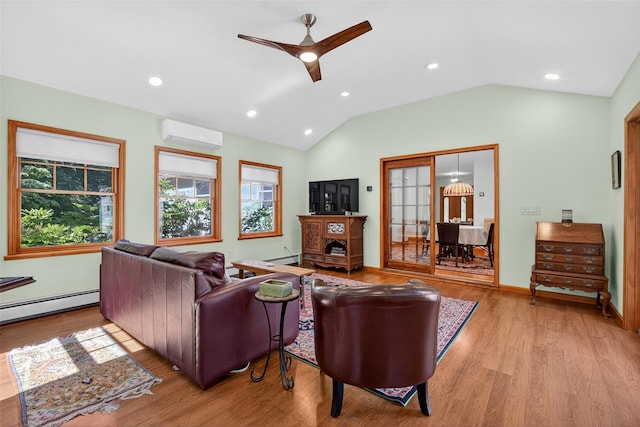 4 Mary Ann Ave, Saugerties, NY 12477 - living room featuring a wall mounted air conditioner, a ceiling fan, light wood-type flooring, vaulted ceiling, and recessed lighting