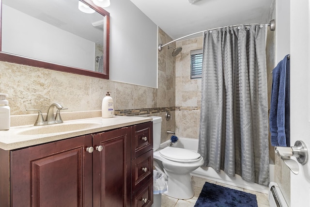 40 Ridge Haven Dr, Ridge, NY 11961 - full bathroom featuring baseboard heating, tile patterned floors, shower / bathtub combination with curtain, vanity, and tile walls