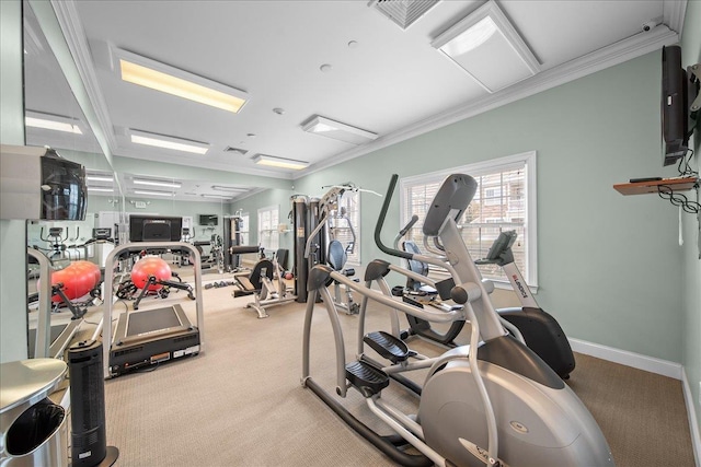 102 Paget Ln, Massapequa, NY 11758 - exercise room with carpet flooring, healthy amount of natural light, and ornamental molding
