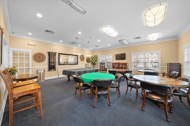 102 Paget Ln, Massapequa, NY 11758 - rec room with crown molding, carpet, recessed lighting, and billiards
