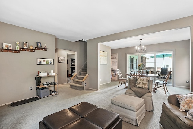 28 Moseman Ave, Katonah, NY 10536 - carpeted living area with a chandelier and stairway