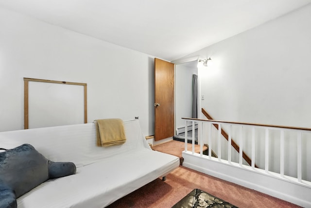 28 Moseman Ave, Katonah, NY 10536 - living area with baseboard heating, light carpet, an upstairs landing, and vaulted ceiling