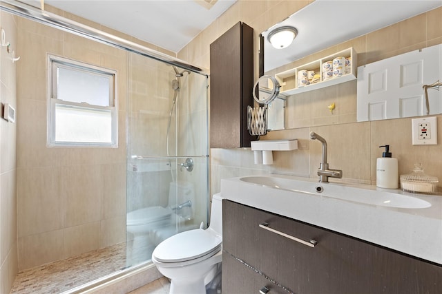 2354 128th St, College Point, NY 11356 - full bath featuring tile walls, vanity, a stall shower, and decorative backsplash