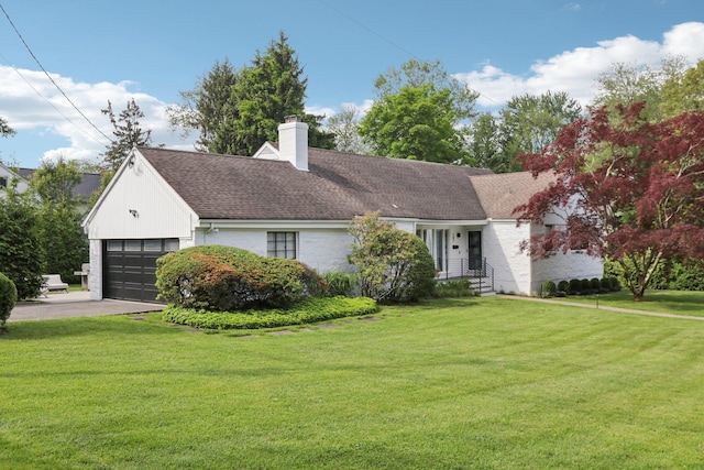 187 Thornbury Rd, Scarsdale, NY 10583 - ranch-style home featuring a chimney, a front lawn, an attached garage, and roof with shingles