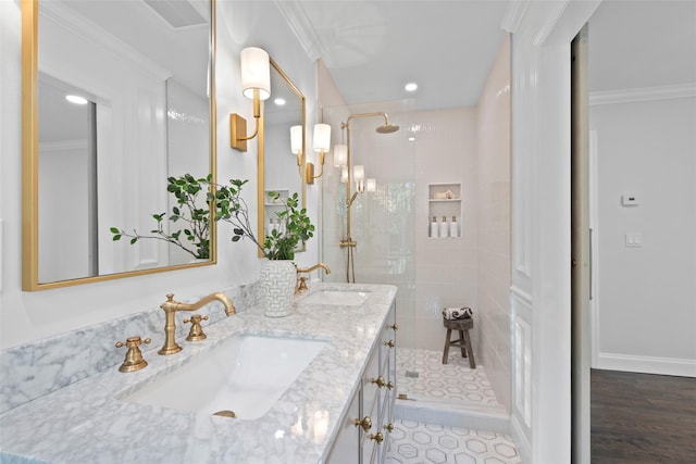 131 Long Pond Rd, Wading River, NY 11792 - full bathroom with double vanity, a walk in shower, crown molding, and recessed lighting