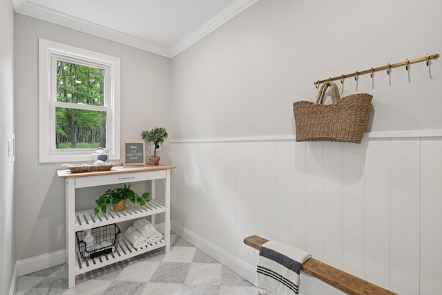 131 Long Pond Rd, Wading River, NY 11792 - interior space with wainscoting and crown molding