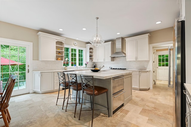 4 Hidden Valley Way, Bedford, NY 10506 - kitchen featuring wall chimney exhaust hood, open shelves, freestanding refrigerator, tasteful backsplash, and recessed lighting