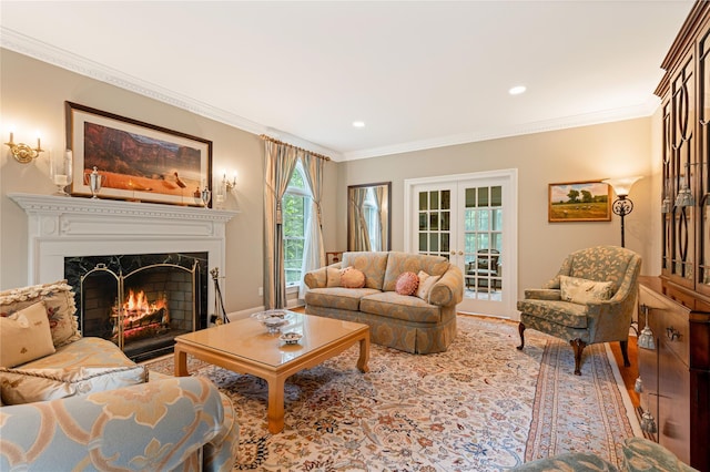 4 Hidden Valley Way, Bedford, NY 10506 - living room featuring a high end fireplace, ornamental molding, french doors, wood finished floors, and recessed lighting