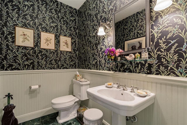 4 Hidden Valley Way, Bedford, NY 10506 - half bathroom featuring wallpapered walls, wainscoting, and tile patterned flooring