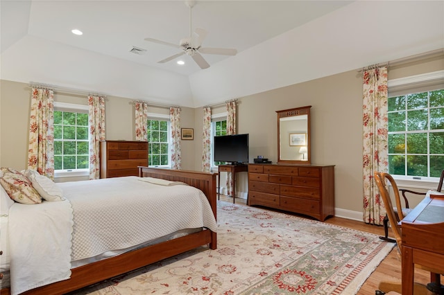 4 Hidden Valley Way, Bedford, NY 10506 - bedroom with wood finished floors, lofted ceiling, a ceiling fan, and recessed lighting