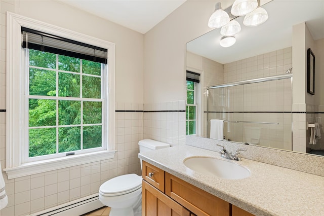 4 Hidden Valley Way, Bedford, NY 10506 - bathroom with baseboard heating, tile walls, plenty of natural light, a shower stall, and vanity