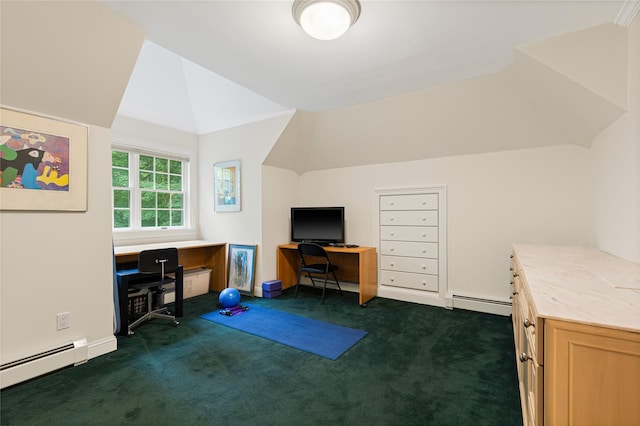 4 Hidden Valley Way, Bedford, NY 10506 - office area with a baseboard radiator, dark colored carpet, and lofted ceiling