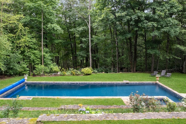 4 Hidden Valley Way, Bedford, NY 10506 - view of swimming pool featuring a yard, a covered pool, and a wooded view