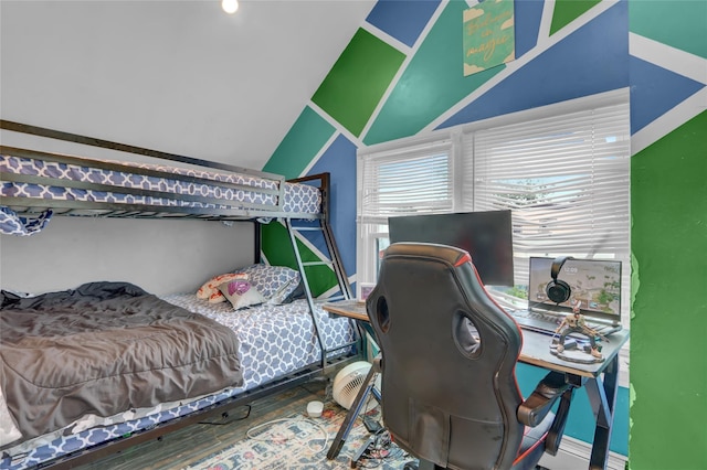 14431 166th St, Jamaica, NY 11434 - bedroom with lofted ceiling, an office area, and wood finished floors