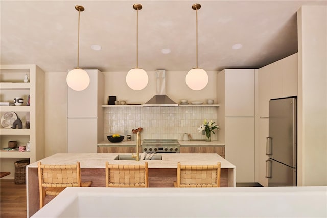 252 Swamp Pond Rd, Narrowsburg, NY 12764 - kitchen with stainless steel appliances, ventilation hood, light countertops, decorative backsplash, and modern cabinets