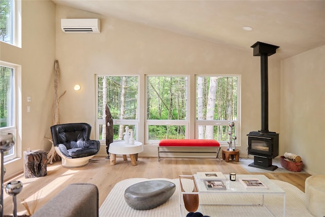 252 Swamp Pond Rd, Narrowsburg, NY 12764 - living room featuring a wall mounted air conditioner, a wood stove, wood finished floors, lofted ceiling, and plenty of natural light