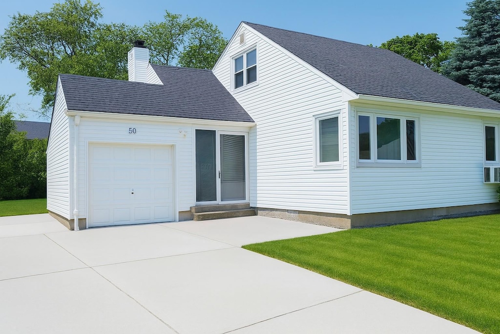50 Curtis Pl, Bethpage, NY 11714 - view of front facade featuring a front yard, a chimney, driveway, and an attached garage