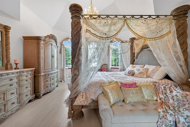 40 Rapelje Rd, Walden, NY 12586 - bedroom with light wood-style flooring, vaulted ceiling, multiple windows, and a chandelier
